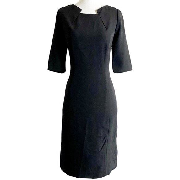 Tahari Dresses & Skirts - Tahari 1/2 Sleeve Notched Square Neck Obsidian Black Woven Sheath Dress Size 6